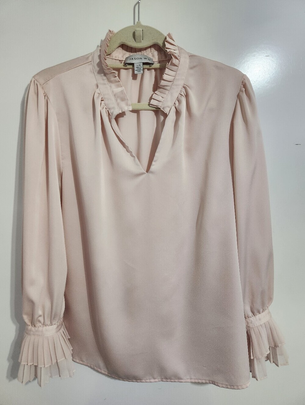 Jason Wu Soft Blush Pleated Cuff Ruffle V-Neck Blouse, Size Large